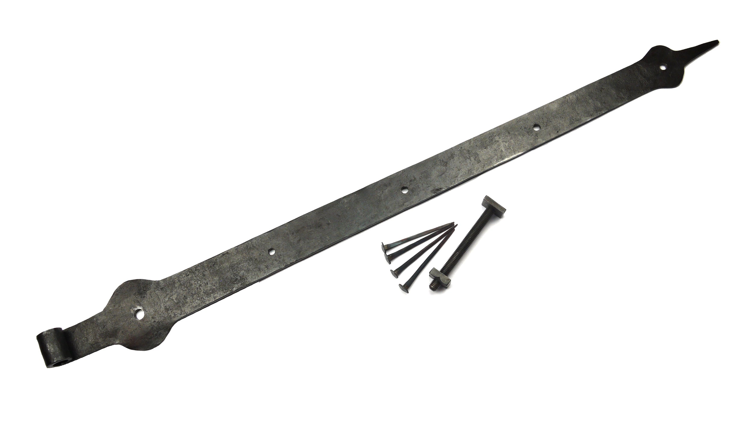 Schmiedeeisernes Türband, Langband mit handgeschmiedeten Nägel und Schloßschraube